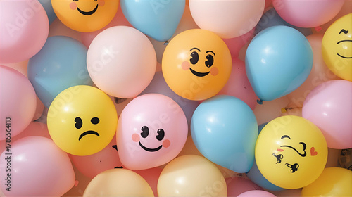A cheerful and diverse collection of colorful balloons featuring various emoticons, perfect for celebrations and expressing emotions