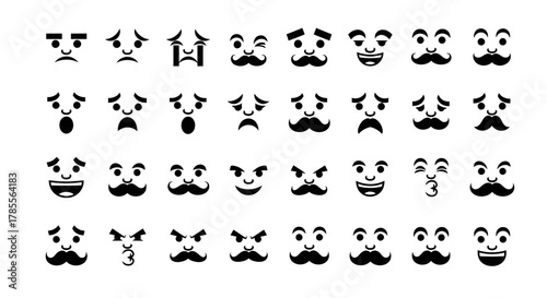 Expressive cartoon faces with diverse emotions and mustaches