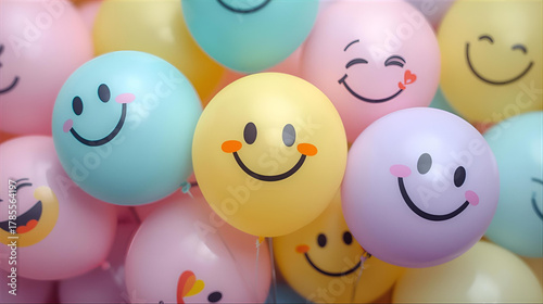 Close-up of cheerful pastel-colored balloons with happy smiley faces celebrating joy and positivity