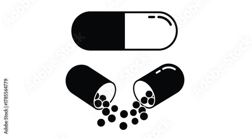 Capsule opening spilling medication granules, medical symbol