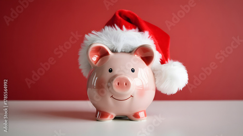 piggy bank wearing a santa hat for holiday savings concept