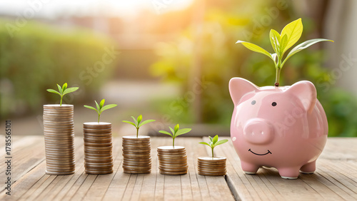 Financial Growth Savings Concept With Coin Stacks And Piggy Bank