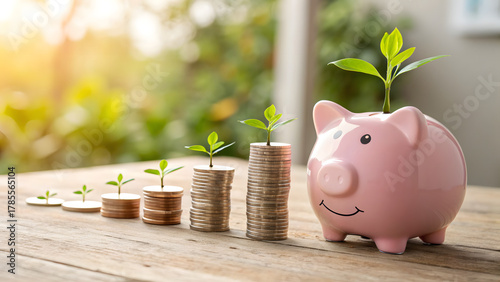 Financial Growth Savings Concept With Coin Stacks And Piggy Bank