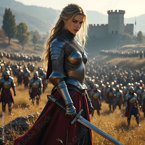Ancient battle scene with a woman in armour standing in a field, holding a sword, surrounded by her army