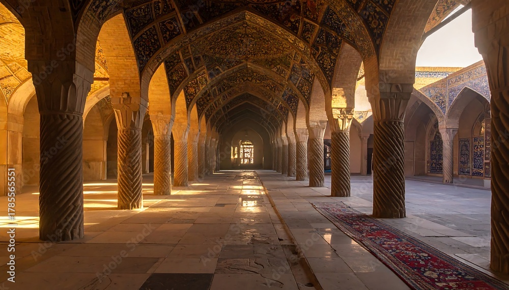 Obraz premium Stunning View of a Historical Mosque Interior with Arches and Detailed Pillars