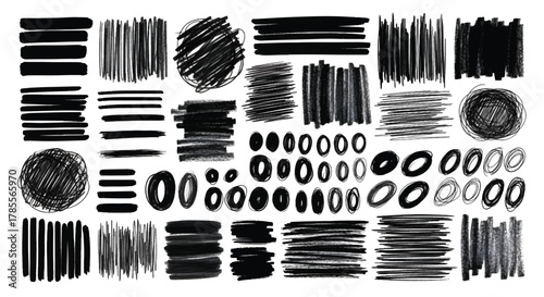 Set of black ink grunge textures hand drawn brush strokes, scribbles, spots, circles, lines and stains abstract design elements