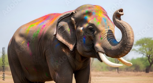 A colorful elephant standing in a natural landscape with a clear sky and sparse trees in the background, showcasing its large size and distinctive features