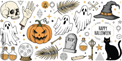 A spooky and whimsical halloween collection featuring a skull, severed hand, pumpkin, ghosts, witch hat, black cat, and other eerie elements