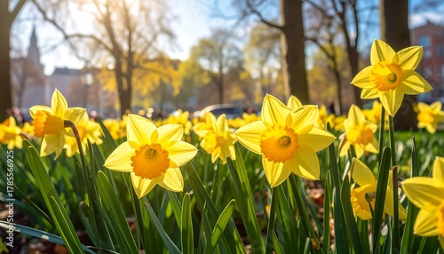 Vibrant Yellow Daffodils in Bloom on a Sunny Day in a Park Setting