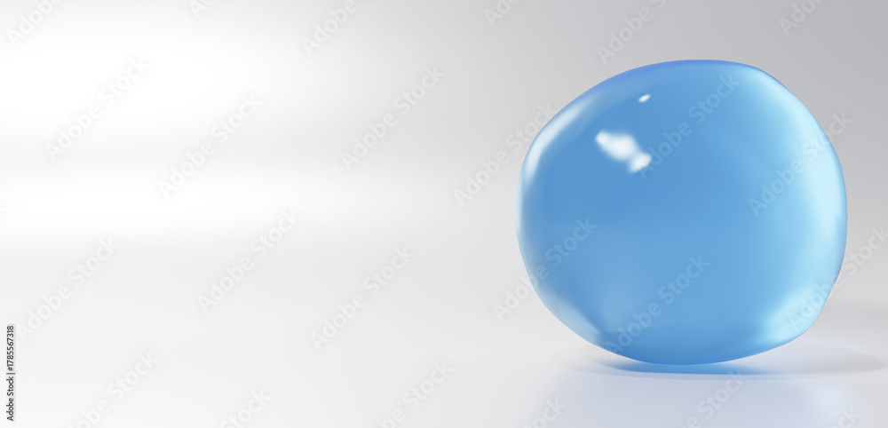 Fototapeta premium 3D Illustration.Light blue liquid in a circle on a white background. Water droplets. Gel. Copy space. (Horizontal)