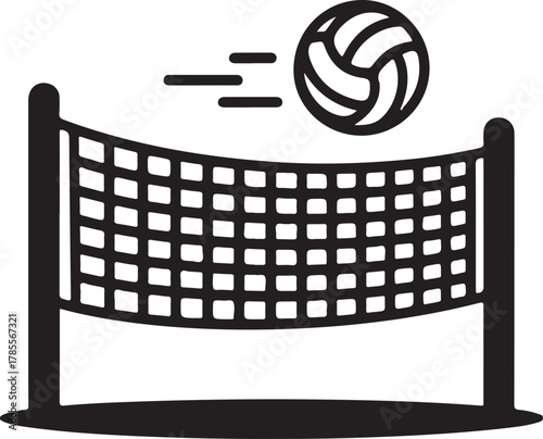 Volleyball game in progress vector icon showing a ball flying towards a net on a plain background