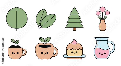 Cute kawaii nature and food elements for cheerful designs