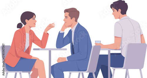 Three colleagues are engaged in a discussion while seated at a table in a modern setting.