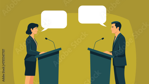 Two people stand at podiums, engaging in a debate with empty speech bubbles above their heads.