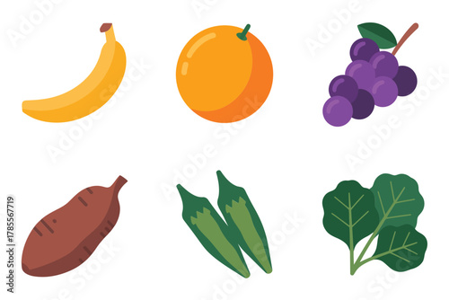 Detailed flat vector icons for fresh produce, showing banana, orange, grapes, carrot, pepper, and leafy greens,