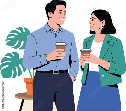 A man and a woman enjoying coffee together in a casual business setting, illustrating a moment of connection and conversation.
