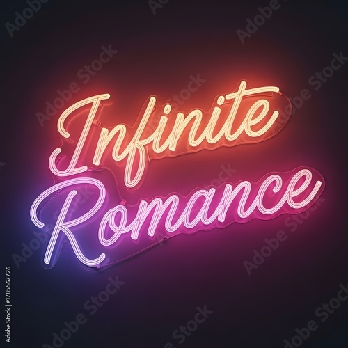 A vibrant neon sign displays the phrase 'Infinite Romance' in elegant cursive script with glowing pink and purple hues against a dark background