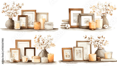 Warm watercolor illustration of cozy home decor with picture frames, candles, books, and vases with cotton branches. Perfect for interior design, wall art, and minimalist aesthetic themes.