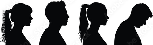 Silhouettes of people in profile, showcasing diverse hairstyles and head positions, creating a visually engaging composition