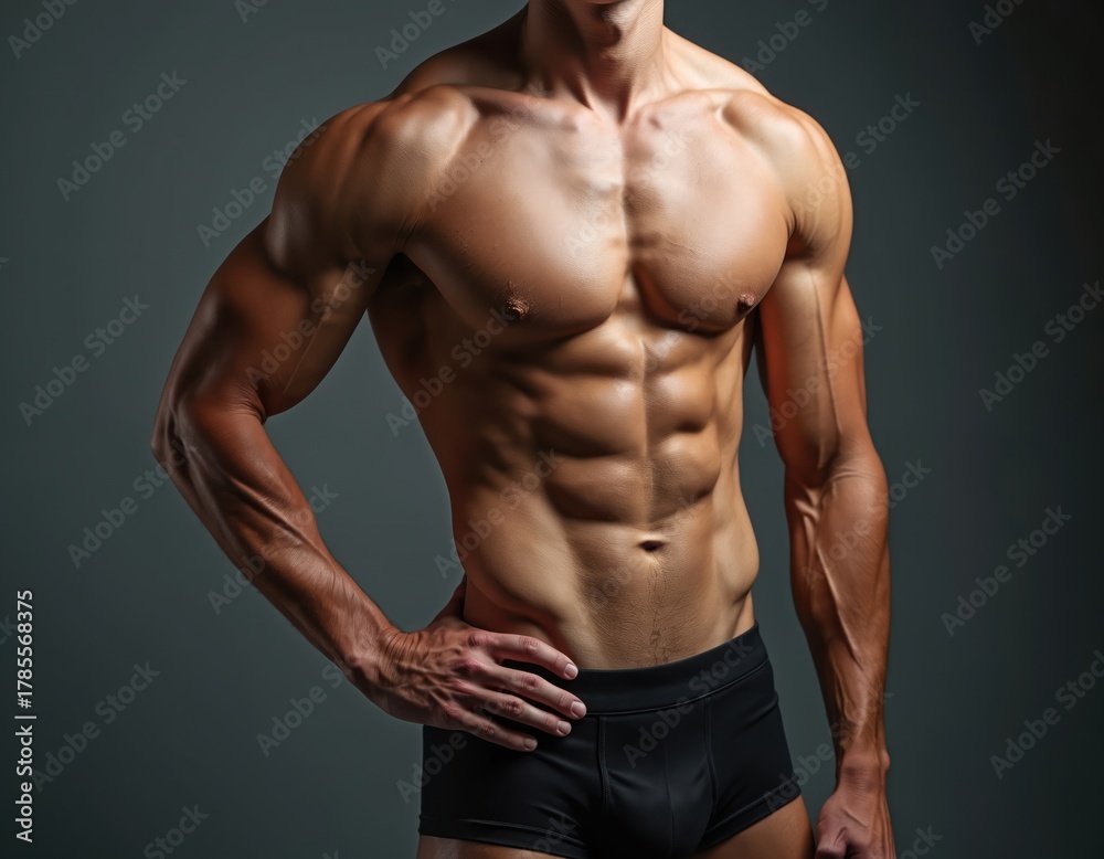 Fototapeta premium Torso shot features muscular man showing defined abs, toned physique. Bodybuilder poses in black underwear briefs against dark studio backdrop. Demonstrates powerful chest, shoulder muscles. Athlete
