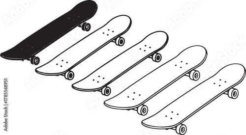 Skateboard evolution showing the progression of a skateboard from a solid black board to a modern skateboard with wheels and trucks