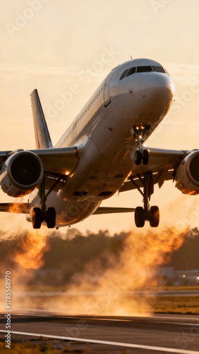 A commercial airplane lifts off the runway during sunset, with flames visible from the engines and a warm glow in the background.