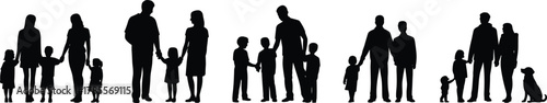 Family silhouettes, parents and children, diverse families, parenting love, unity, togetherness, family bond, black and white illustration, modern family art