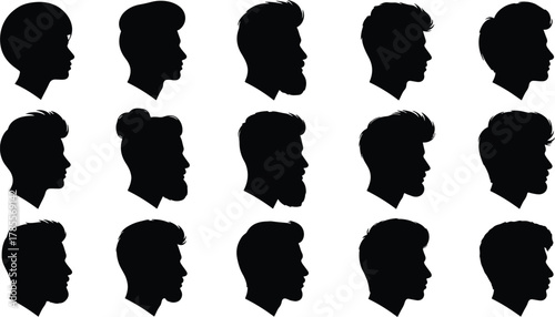 Collection of diverse mens hairstyles in silhouette, showcasing various trendy and classic looks, each profile represents a unique style