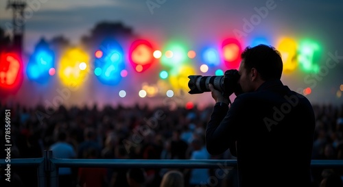 A person with a camera capturing a vibrant outdoor event with colorful lights and a large crowd in the background during the evening