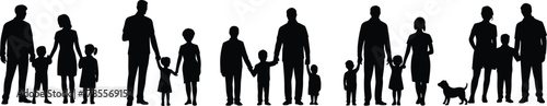 Family silhouettes, parents and children, diverse families, parenting love, unity, togetherness, family bond, black and white illustration, modern family art