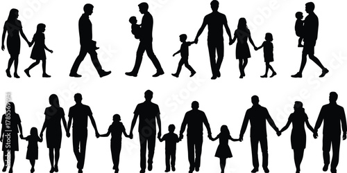 Family silhouettes, parents and children, walking together, family unity, love and connection, black and white family art, parenting illustration, togetherness