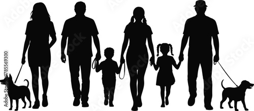 Family walking dogs silhouette, black and white vector, parents and children illustration, pet lovers art, unity, outdoor lifestyle design