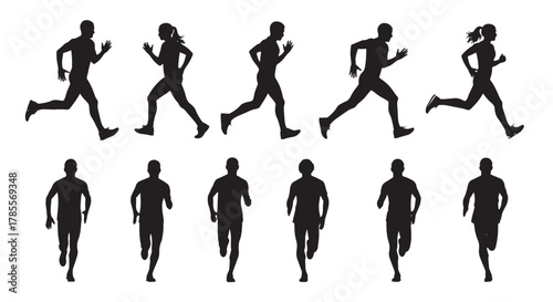 Silhouettes of runners in various poses showcase the dynamic movement and athleticism of running, perfect for sports and fitness themes