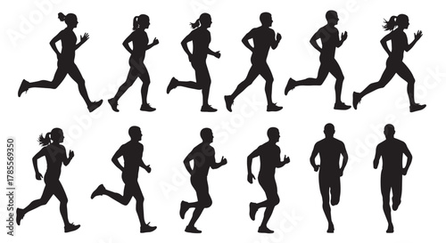 Silhouettes of runners in motion depict a dynamic scene of athleticism, fitness, and healthy lifestyle, showcasing speed and endurance
