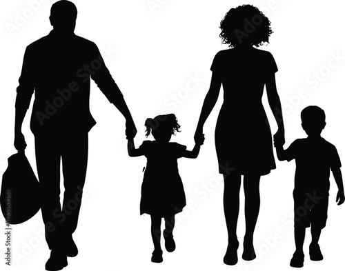 Family silhouettes walking, parents holding children’s hands, family unity, parenting love, togetherness, childhood moments, happy family, family lifestyle, parenthood illustration