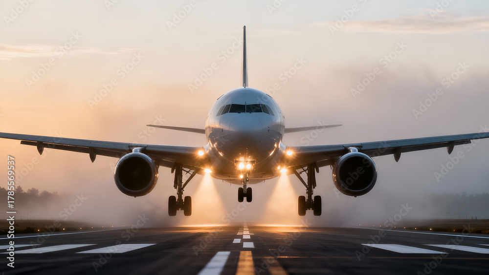 Fototapeta premium A commercial airplane is landing on a runway during sunrise, with mist rising from the ground and lights illuminating the aircraft.