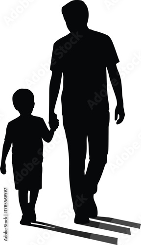 Father and son silhouette, walking together holding hands, parenting love, family bond, fatherhood, parent child connection, black and white art