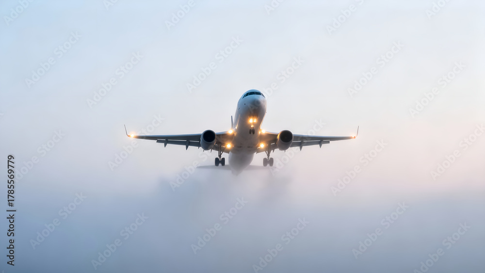 Fototapeta premium A commercial airplane approaches through thick fog, illuminated by its landing lights. The atmosphere is misty, creating a dramatic scene.