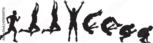 Silhouette of a man performing a backflip the figure is shown in various stages of the acrobatic movement, from the initial jump to the landing