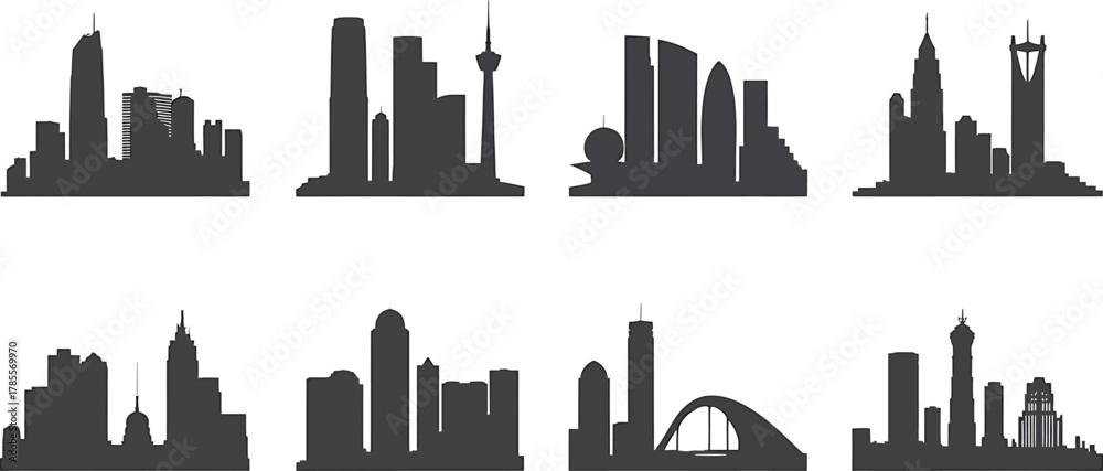 Obraz premium City Skyline Silhouette Collection Urban Architecture Vector Design Buildings and Skyscrapers Set
