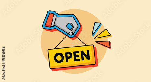 Hand hanging bright yellow OPEN sign ready for business