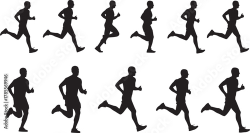 Silhouettes of runners in motion, a dynamic sequence capturing the essence of speed, agility, and the human form engaged in the timeless act of running
