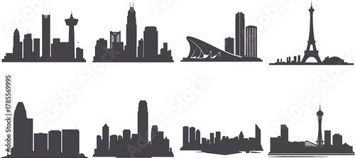 Cityscape Black Silhouette Set Landmark Building Tower Structure Urban Vector Art