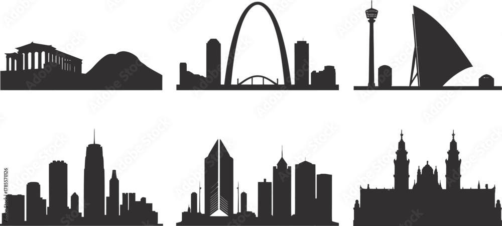 Naklejka premium Cityscape Silhouette Collection of Global Skyline Landmarks and Architecture Vector