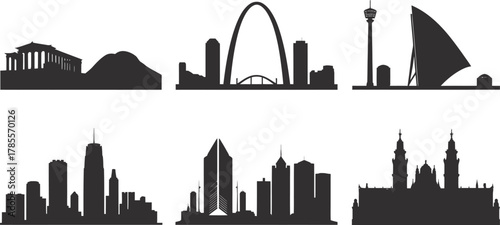 Cityscape Silhouette Collection of Global Skyline Landmarks and Architecture Vector