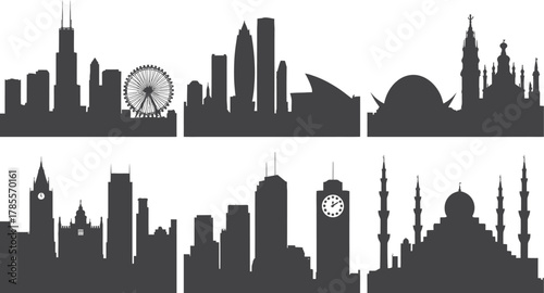 Cityscapes Silhouettes World Famous Landmarks Urban Skylines Vector Illustration Set