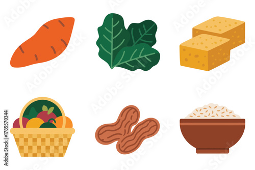 Outline color icons for Seder tradition, illustrating plate, matzah, wine, bitter herbs, and essential ritual components,
