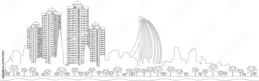Fototapeta premium Linear Drawing of Dubai Skyline Showing Buildings Palm Trees and Urban Landscape