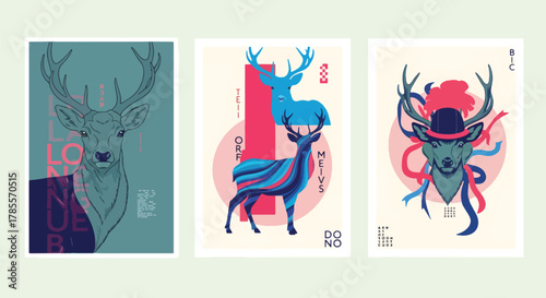 Three artistic deer illustrations on posters with abstract designs, showcasing a blend of modern art and wildlife themes, creating a visually captivating collection