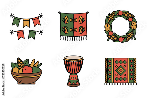 Flat vector icons for Purim celebration, featuring mask, grogger rattle, scroll, hamantaschen cookies, and gifts,